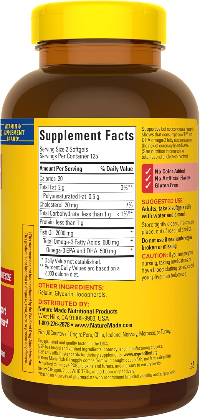 Nature Made Fish Oil Omega 3 Supplements, 1000mg Softgels, Omega 3 Fish Oil for Healthy Heart Support, 250 Softgels, 125 Day Supply