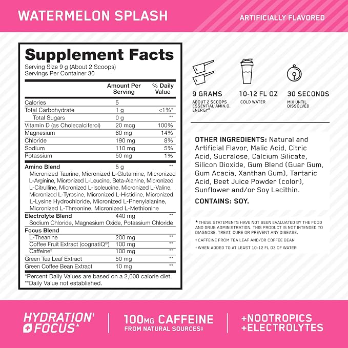 Optimum Nutrition Amino Energy Powder Plus Focus, with BCAA, Electrolytes, and Caffeine, Watermelon, 30 Servings (Packaging May Vary)