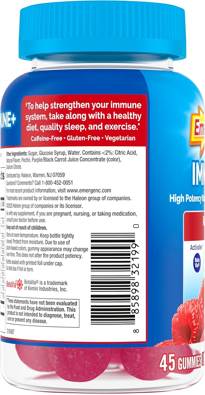 Emergen-C Immune+ Triple Action Immune Support Gummies, BetaVia (R), 1000mg Vitamin C, B Vitamins, Vitamin D and Antioxidants, Raspberry – 45 Count