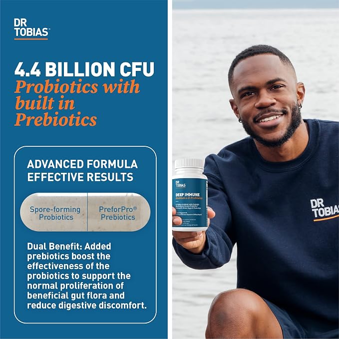 Dr. Tobias Deep Immune Probiotics & Prebiotics - Dual Action Digestion & Immune Support with PreforPro Prebiotics & Spore Forming Probiotics for Women & Men - 180 Capsules (90 Servings)