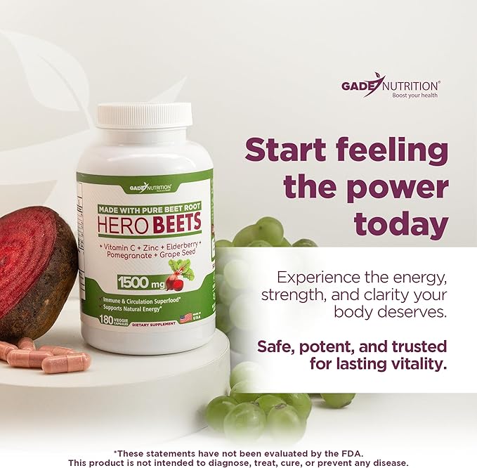 Gade Nutrition Hero Beets - Beet Root Capsules 1500mg - Organic Beet Root Powder + Vitamin C Zinc, Elderberry, Pomegranate, Grape Seed Extract - 3 Months Supply