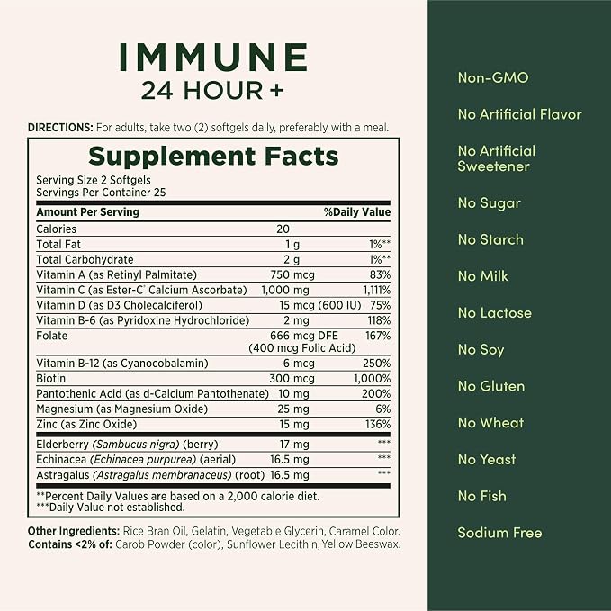 Nature's Bounty Immune 24 Hour +, The only Vitamin C with 24 Hour Immune Support from Ester-C, 1000 mg Vitamin C, D & Zinc, Gluten Free, Rapid Release Softgels, 2 Softgels per Day, 50 Count