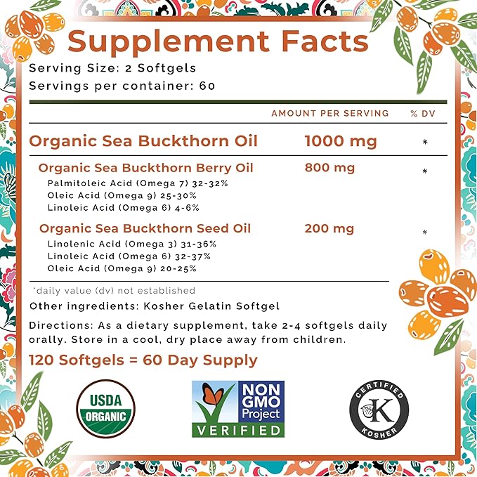 SeabuckWonders Organic Sea Buckthorn Oil Omega-7 Complete,120 Softgels, 60 Day Supply, with Omega 3, 6 & 9, Supports Hair, Skin & Nails, Overall Health & Wellness