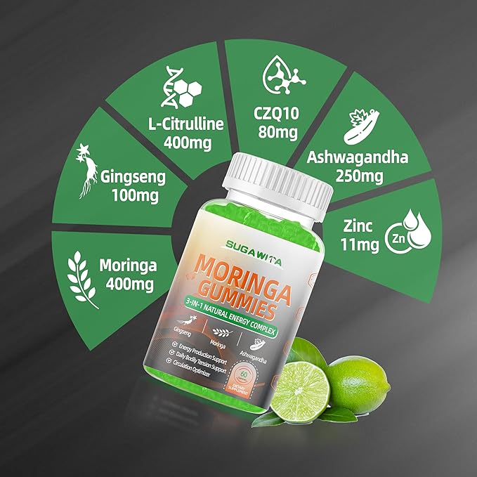 Moringa Gummies for Men with Gingseng L-Citrulline Ashwagandha CZQ10 Zinc | Chewable Organic Pure Moringa Leaf Supplement | Energy & lmmune Support | Sugar Free | Vegan | Lemon Flavor | 60 Counts