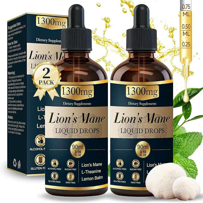 2 Pack*90ml Lions Mane Liquid Drops Organic Mushrooms Supplement with L-Theanine Lemon Balm Lion's Mane Extract Drop for Adults Brain Support for Memory Focus Clarity Free of Alcohol Sugar Tasteless