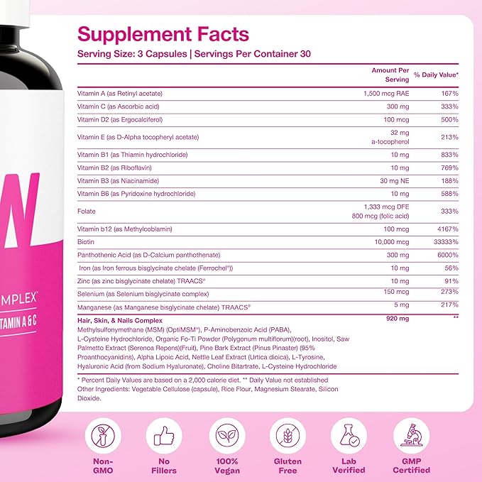 GOBIOTIX Hair Skin and Nails Vitamin Supplement - 10000mcg Biotin Pills with Hyaluronic Acid, Folate, Iron, Magnesium, and Zinc - Collagen Production, Hair Growth - 30 Servings