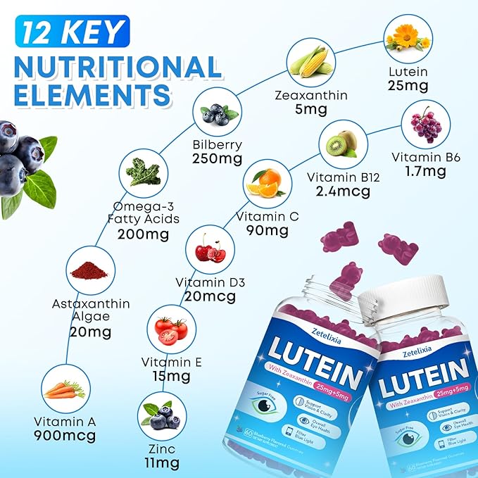 Lutein Gummies, 12 in 1 Lutein and Zeaxanthin Supplements Eye Vitamins Gummies for Adults, Eye Health Supplement with Multiple Vitamin for Promoting Eye & Vision - 60 Gummies