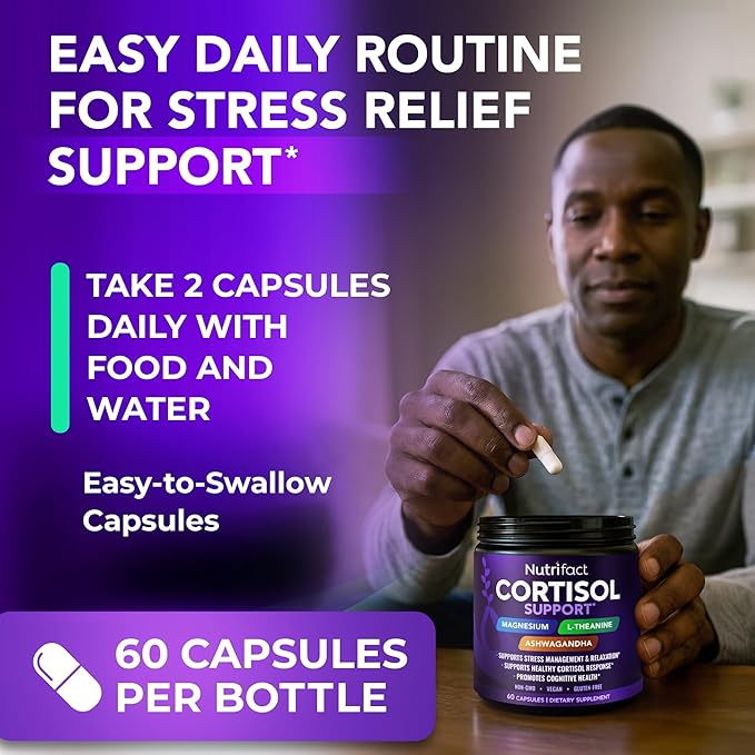 Cortisol Supplements for Women & Men - Vegan, Non-GMO, Made in USA Cortisol Reducer, Manager with Magnesium Ashwagandha L Theanine, Vitamin B Complex for Sleep Support - 60 Capsules