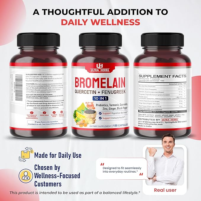 Bromelain Supplement with Quercetin, Zinc, Fenugreek, Turmeric, Ginger, Black Pepper & Probiotics - Supports Digestion, Joint Health & Nutrient Absorption | 150 Capsules