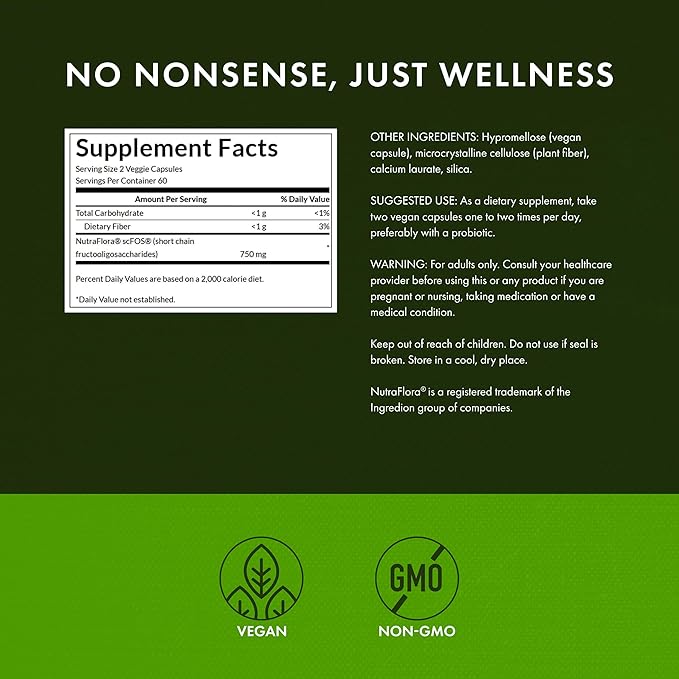 Swanson Prebiotic Fiber Capsules with NutraFlora FOS for Gut-Health-Conscious Adults Seeking Digestive Flora and Immune Support - 750 mg (120 Vegan Capsules)
