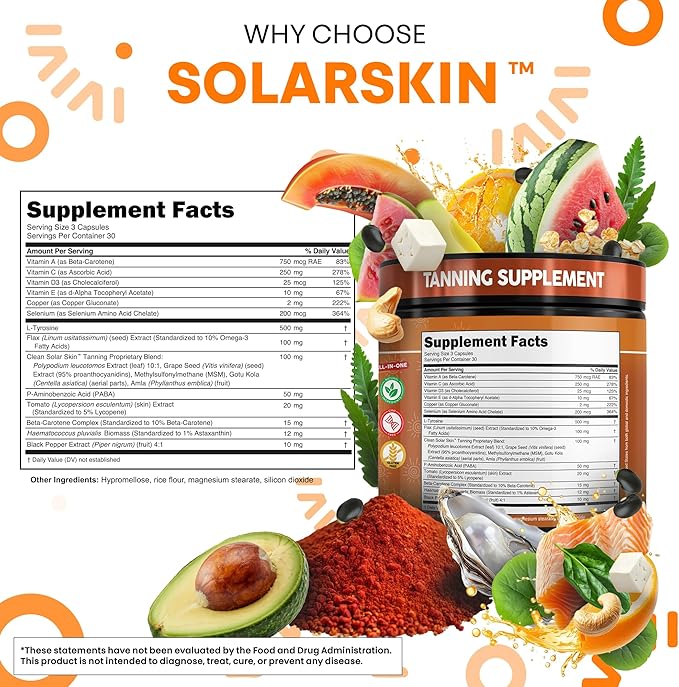 Solar Skin Astaxanthin Tanning Supplement Lycopene L-Tyrosine Vitamins A C D E, PABA Beta Carotene Selenium Grapeseed Extract Omega 3 Flax Seed Copper Capsules By Clea Nutra