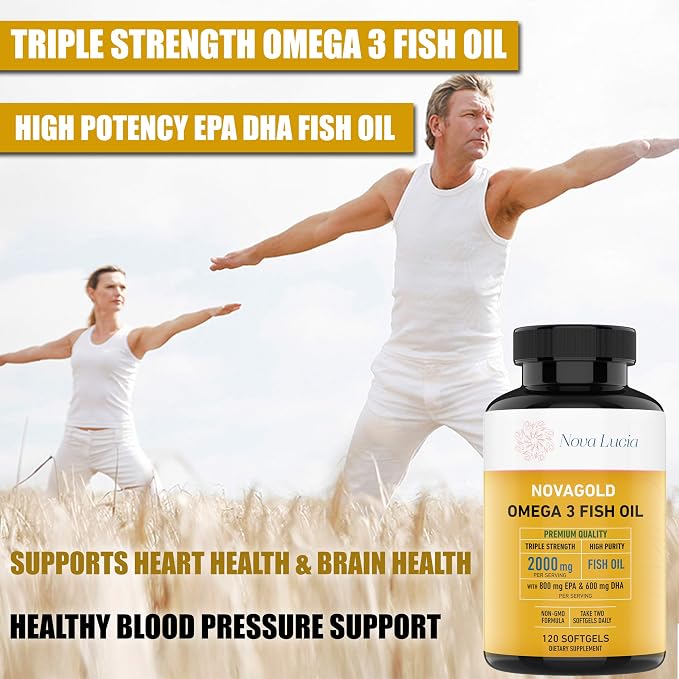NovaGold Omega 3 Fish Oil – 2000mg High Strength EPA DHA Supplement – Burpless, Easy to Swallow Softgels – Supports Heart, Brain, Joints, Immune & Skin – Non-GMO – 120 Liquid Capsules