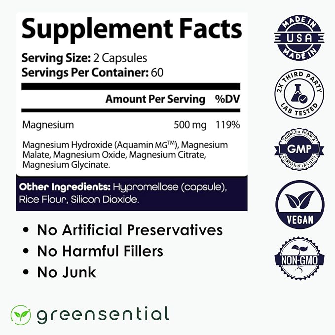 Greensential 5-in-1 Magnesium Complex 500mg | Glycinate, Malate, Citrate, Oxide & Aquamin® | Advanced Sleep, Muscle & Heart Support | Made in USA, Vegan, 120 Capsules