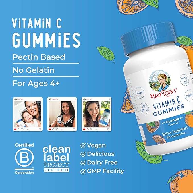 MaryRuth Organics Vegan Vitamin C Gummies | 2 Month Supply | Immune Support Supplement for Adults & Kids | Chewable Vitamin C Gummy Vitamins | Non-GMO | Pectin Based | 60 Count