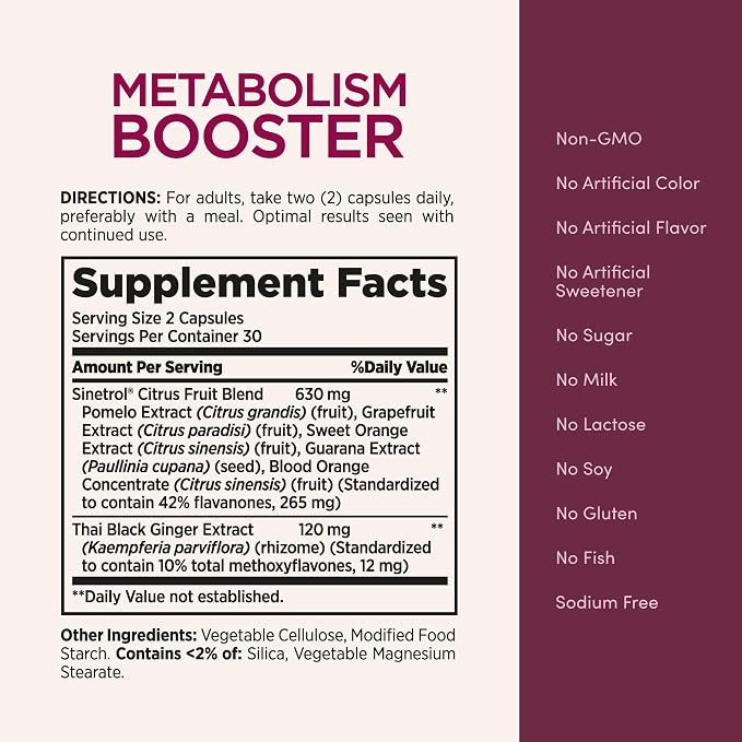 Nature’s Bounty Optimal Solutions Metabolism Booster Supplement, Boosts Fat Metabolism, Promotes Abdominal Fat Loss, With Citrus Extracts and Black Ginger, 60 Capsules