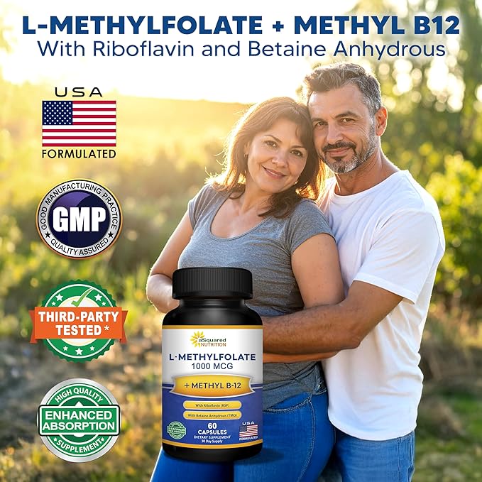 aSquared Nutrition L Methylfolate Plus Methyl B12 - Methylated Folate Supplement for Women & Men - 5-MTHF (Active Vitamin B9) 1000 mcg & B-12 1mg - B Complex - 60 Capsules