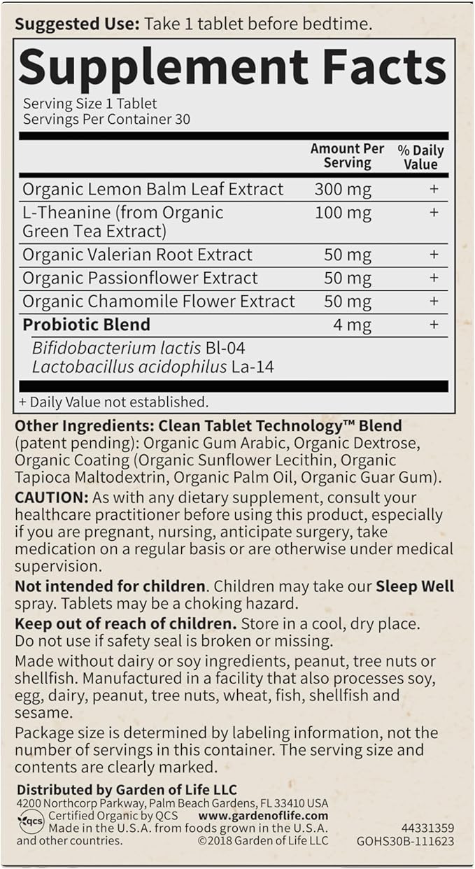 Garden of Life Organics Sleep Well Rest & Refresh Tablets with Lemon Balm, Green Tea Extract, Chamomile & Probiotics – Support for Restful Sleep & Relaxation, Non-GMO, Gluten-Free, Vegan, 30 Tablets