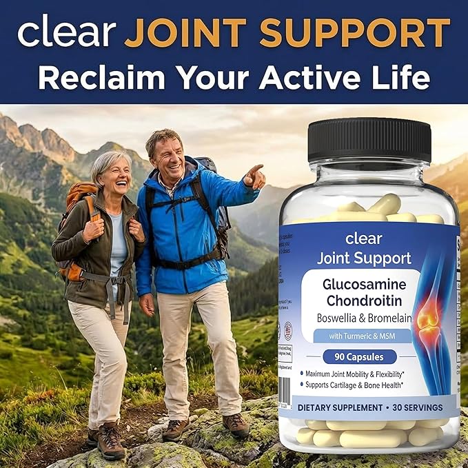 Clear Joint Support - Glucosamine Chondroitin MSM with Turmeric & Boswellia | 8-in-1 Formula | 90 Capsules (30-Day Supply) | Supports Knee, Hip & Back Health | Made in USA