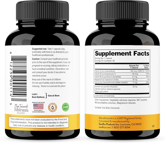 Sandhu's Vitamin D3 K2 Magnesium 10000 IU, 120mcg K2 Capsules 60 Count (Pack of 1) | with VIT B6, Zinc & Quercetin | D3K2 Supports Superior Absorption, Energy, Immune, Muscle Health for Men & Women