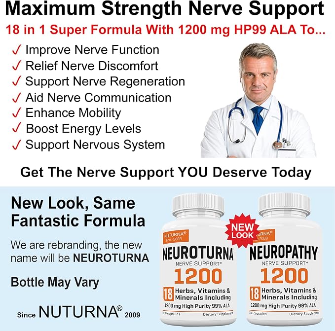 Neuropathy Support Supplement with 1200 mg HP-99 Alpha Lipoic Acid - Max Strength ALA Nerve Formula for Feet Hands Fingers Legs - Ultra Potent 18 in 1 Natural Nerve Vitamins - 180 Capsules