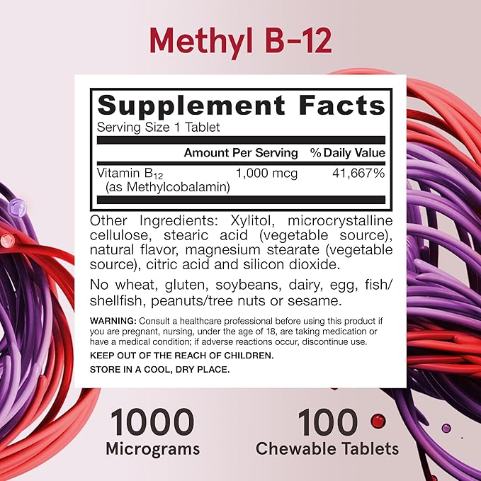Jarrow Formulas Methyl Vitamin B-12 1000 mcg, 100 Chewable Tablets, Lemon Flavored- Bioactive B12 Vitamin - Supports Cellular Energy Production, Brain Health & Metabolism - 100 Servings