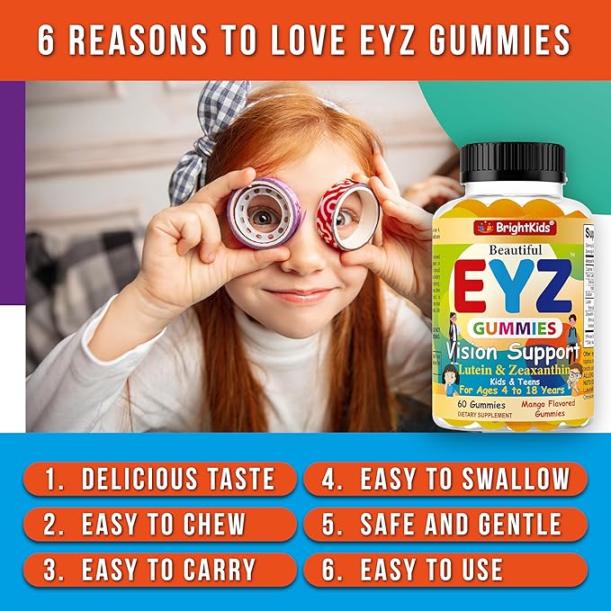 BrightKids Eye Health Gummies for Kids & Teens – Lutein & Zeaxanthin Vision Support – Vegan, Non-GMO Eye Vitamins for Screen Time – Tasty Mango Flavor – 60 Gummies