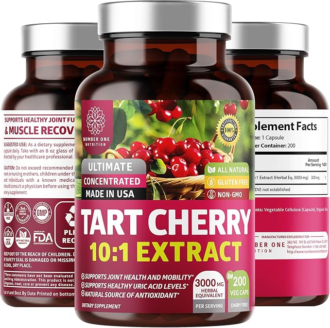 N1N Premium Tart Cherry Extract Capsules, 200 Veg Caps, 3000 mg, Powerful Antioxidant, Joint Health and Mobility, Non-GMO, Gluten Free, 200 Veggie Caps