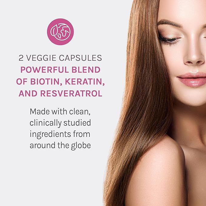 Reserveage Beauty Keratin Hair Booster with Biotin & Resveratrol - Hair & Nail Growth Supplement for Women - Supports Healthy Thickness & Shine with Biotin - 60 Capsules (30 Servings)