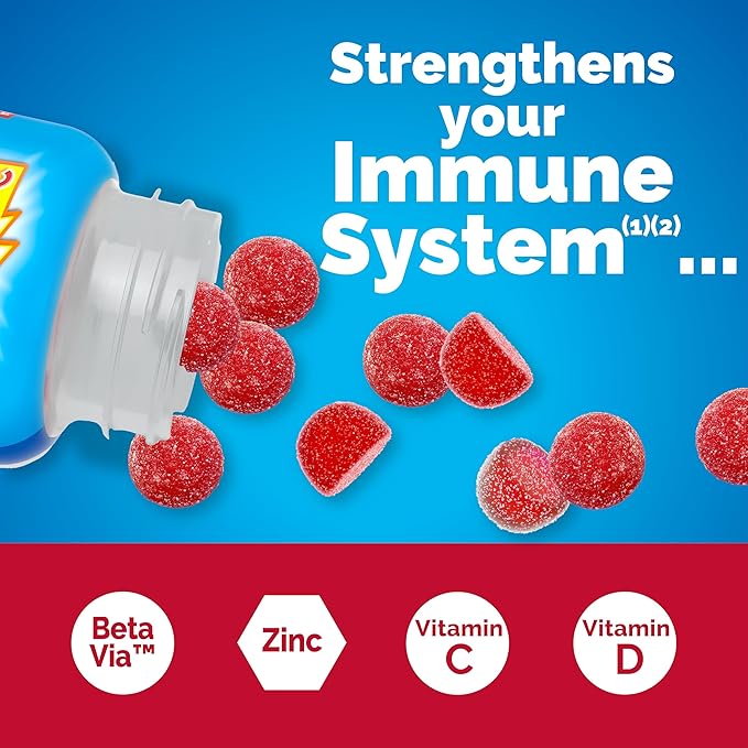 Emergen-C Immune+ Triple Action Immune Support Gummies, BetaVia (R), 1000mg Vitamin C, B Vitamins, Vitamin D and Antioxidants, Raspberry – 45 Count