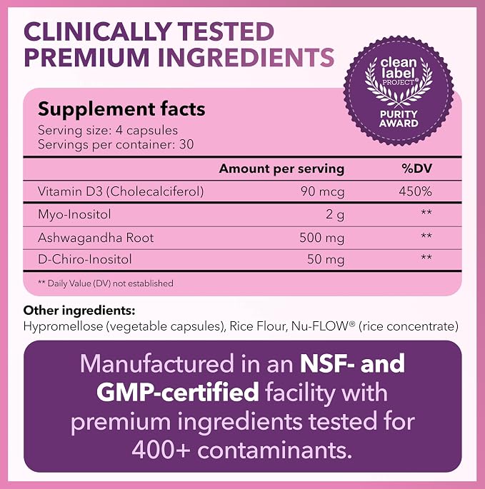 Intimate Rose Myo-Inositol & D-Chiro Inositol Blend - 40:1 Blend Ratio - Women's Daily Wellness Support - Vitamin D & Ashwagandha, 3 Bottles