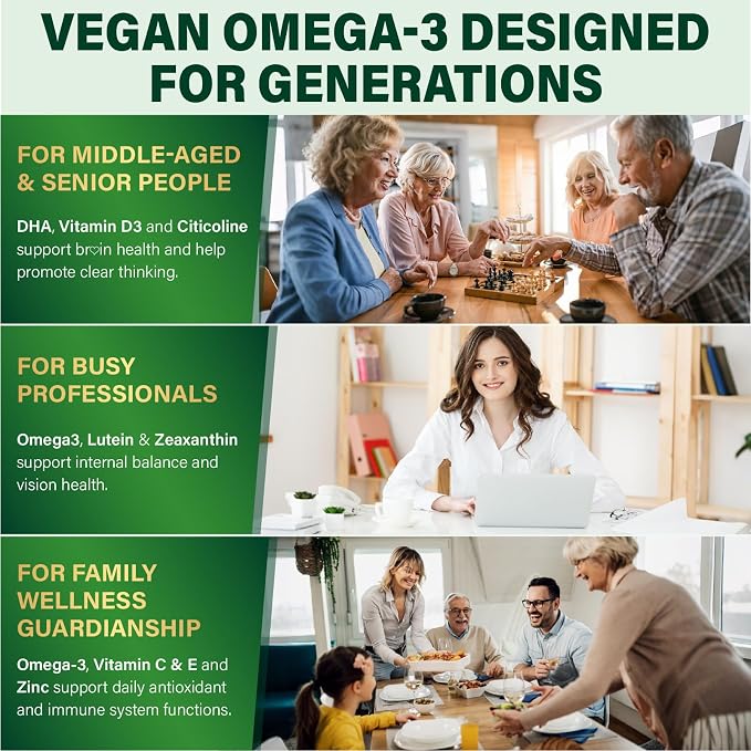 Omega-3 Supplement Gummies for Women & Men - 1000mg Vegan Omega3 DHA & EPA with Turmeric, Vitamin D3, K2, Citicoline for Overall Health - Algae Oil Omega 3 Fatty Acid Supplements, Sugar-Free