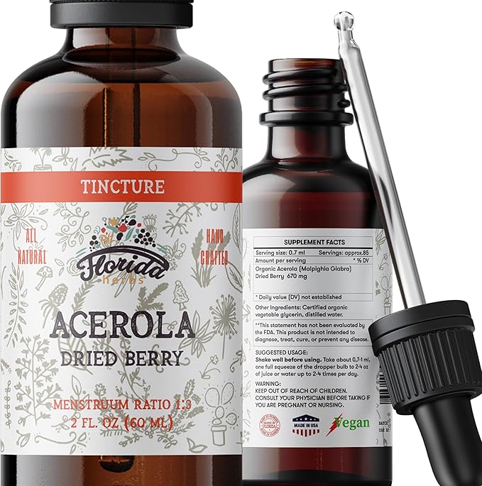 Acerola Tincture (Vitamin C), Organic Acerola Extract (Malpighia Glabra) Dried Berry for Blood, Heart, Arteries, Non-GMO in Cold-Pressed Organic Vegetable Glycerin, Florida Herbs Supplements