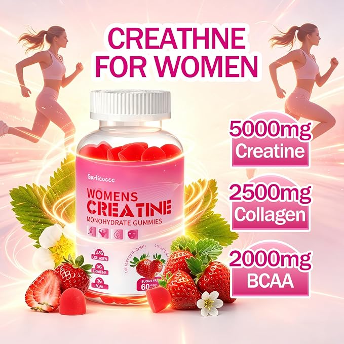 Sugar Free Creatine for Women, Creatine Monohydrate Gummies with Collagen,Energy Creatine Supplement for Muscle Strength, Strawberry Flavor,60 Count