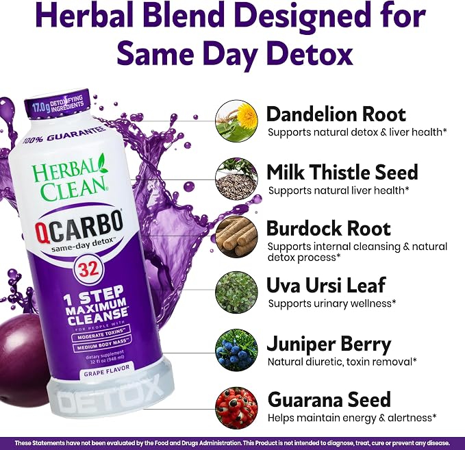 Herbal Clean Qcarbo32 Same Day Detox Cleanse Drink (32 fl oz) - Grape Flavor Full Body Cleanse* Detox Drink for Moderate Toxin Level*, Vitamin B2 and Vitamin B12 for Men & Women