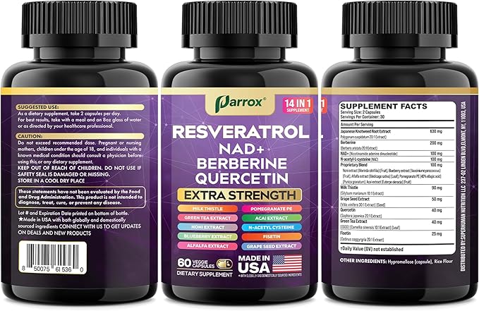 Resveratrol Supplement with Milk Thistle, NAD, Berberine, Quercetin, Fisetin, Pomegranate, Green Tea, Noni, Acai, Blueberry, Grape Seed Extracts, N-Acetyl Cysteine, 14-in-1 Extra Strength (120 Caps)