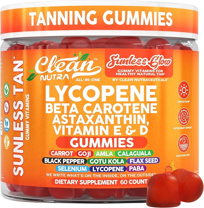 Sunless Glow Lycopene Beta Carotene Tanning Gummies Astaxanthin Vitamin C D E Flax Seed Selenium Amla l Tyrosine PABA Black Pepper 60 Count Strawberry Banana Flavor By Clean Nutra