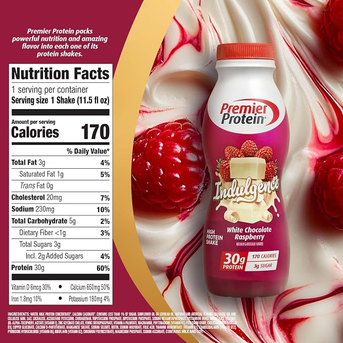 Premier Protein Shake INDULGENCE, White Chocolate Raspberry, 30g Protein, 170 Calories, 3g Sugar, 11.5 fl oz, 12 Pack (Packaging May Vary)