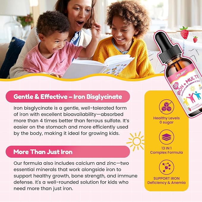 Liquid Iron Supplement for Kids, Women & Men - Kids Multivitamin with Iron Drops - Immune Support, Blood Builder & Energy Support for Iron Deficiency, Anemia - Strawberry Flavor, 4 Fl Oz