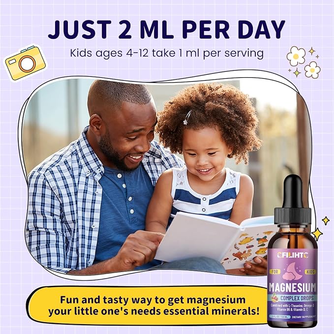 Kids Magnesium Liquid Drops-Magnesium Glycinate Liquid for Kids Supplement-w/L-theanine, Omega-3, Vitamin B6, D3 - for Sleep, Relaxation, Brain, Bones - Cherry Flavor, 4 Fl Oz