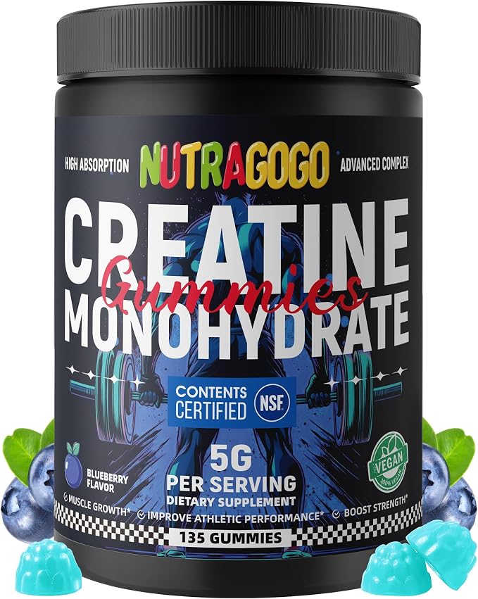 NSF Certified Creatine Gummy - Creatine Monohydrate Gummies for Men & Women-5g of Creatine Monohydrate per Serving - Sugar Free,Vegan, Blueberry Electrolyte Chews, 135 Count