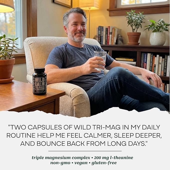 Wild Foods 3 in 1 Magnesium Glycinate L Theanine for Calm Sleep & Muscle Relaxation - Glycinate, Malate, Taurate - 100% Natural Magnesium Complex for Women and Men - 60 Capsules