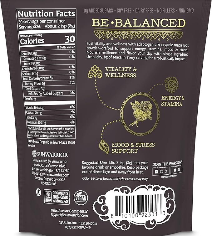 Organic Maca Root Powder Yellow – 8 grams of Adaptogenic Organic Superfood per Serving Supports Energy, Stamina, Mood & Balance – Peruvian Maca Powder for Vitality & Wellness Non-GMO Vegan 30 Servings