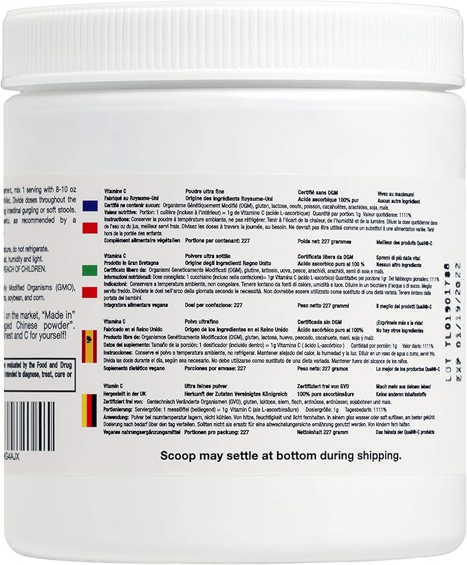 GMO Free Vitamins - Ultra Fine Non GMO Vitamin C Powder, Made in UK - Highest Grade of Quali-C L-Ascorbic Acid for Maximum Bioavailability – Vegan (8 oz.)