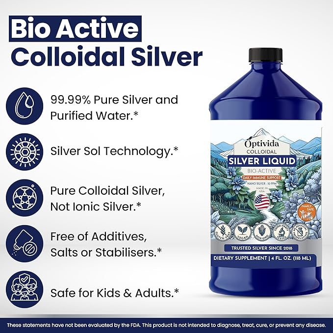 Optivida Colloidal Silver Liquid - 10 PPM Liquid Silver Immune Support, Pure Nano Silver Hydrosol Liquid for Family Wellness - Natural Silver Water for Adults & Kids, Non-GMO, 3rd Party Tested - 32 Oz