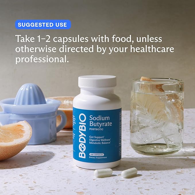 BodyBio Butyrate - Postbiotic for Gut Health, Digestive Support, Bloat, Gas & Constipation Relief, Leaky Gut Repair - Sodium + Butyric Acid Supplement for GI Wellness