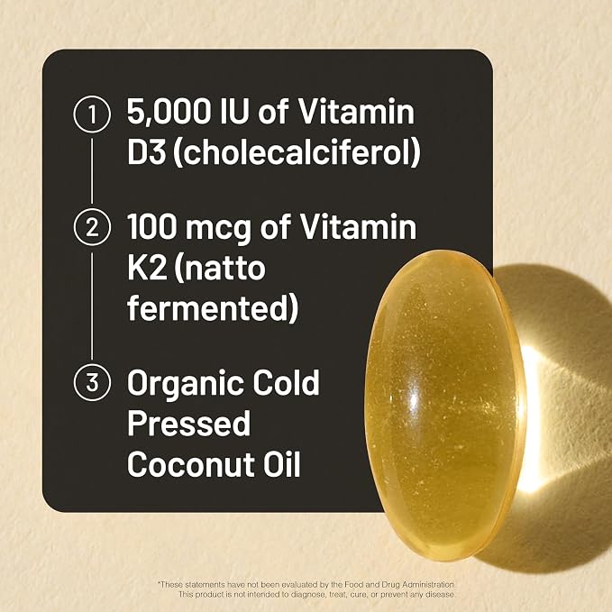 NatureWise Vitamin D3 5000IU + K2 (MK7) 100mcg with Organic Extra Virgin Coconut Oil - Supports Calcium Absorption, Bone & Immune Health - Non-GMO, Soy & Gluten-Free - 30 Softgels[30-Day Supply]