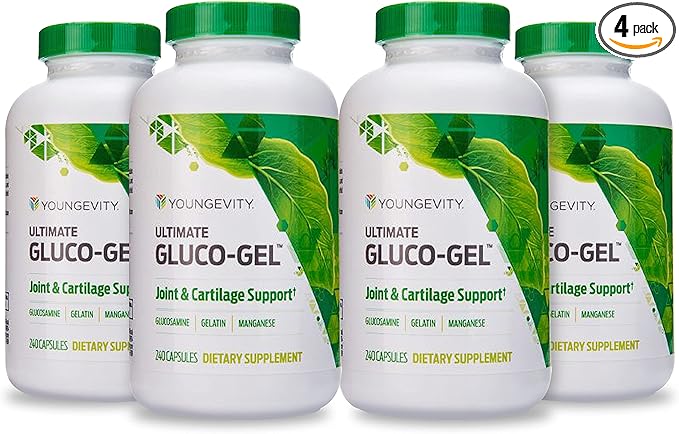 Youngevity Ultimate Gluco-Gel -for Bones, Tendons, Bones & Cartilage | Contains Glucosamine, Gelatin & Manganese | 240 Capsules | 4 Bottle