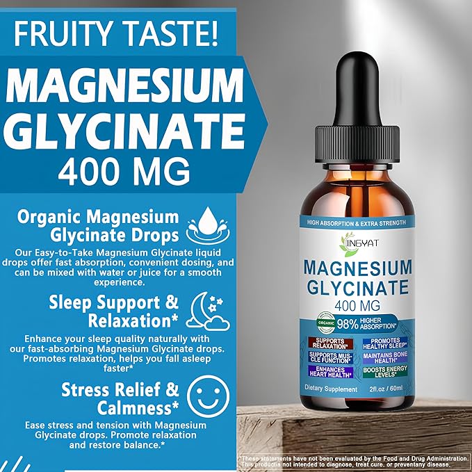 Pure Magnesium Glycinate Drops | High Absorption Liquid Magnesium Glycinate 400mg Support Sleep,Nerve & Bone Health | Magnesium Bisglycinate Chelate for Women & Men | Vegan,Non-GMO,Fast-Acting Formula