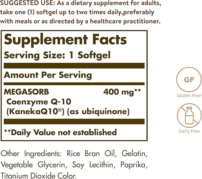Solgar Megasorb CoQ-10 400 mg, 60 Softgels - Supports Brain Function - Coenzyme Q10 Supplement - Enhanced Absorption - Gluten Free, Dairy Free - 60 Servings
