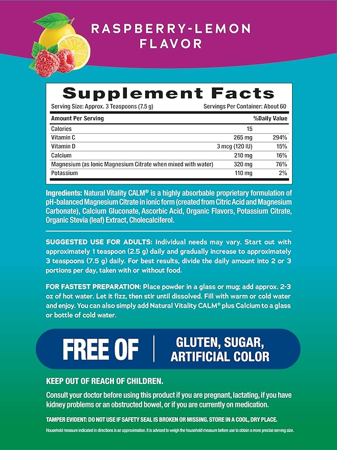 Natural Vitality Calm, Magnesium & Calcium Supplement, Drink Mix Powder Supports a Healthy Response to Stress, Gluten Free, Vegan, & Non-GMO, Raspberry Lemon, 16 oz